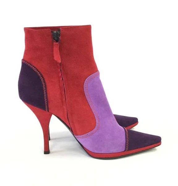 21st Century Casadei Italian Red Violet and Purple Suede Booties NIB