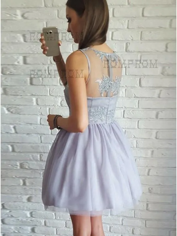 A-Line V-Neck Short Lilac Tulle Homecoming Dress with Lace PG194