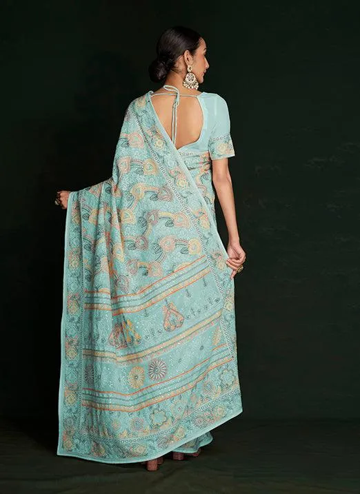 Affectionate Turquoise Lucknowi Embroidered Georgette Saree