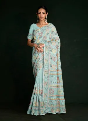 Affectionate Turquoise Lucknowi Embroidered Georgette Saree