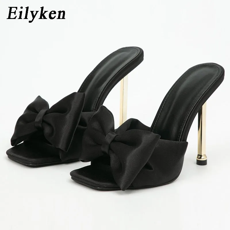 Amozae 2022 New Arrival Silk Butterfly-knot high heels Women Slippers Sandals Square toe Mule Slippers Slides Party shoes