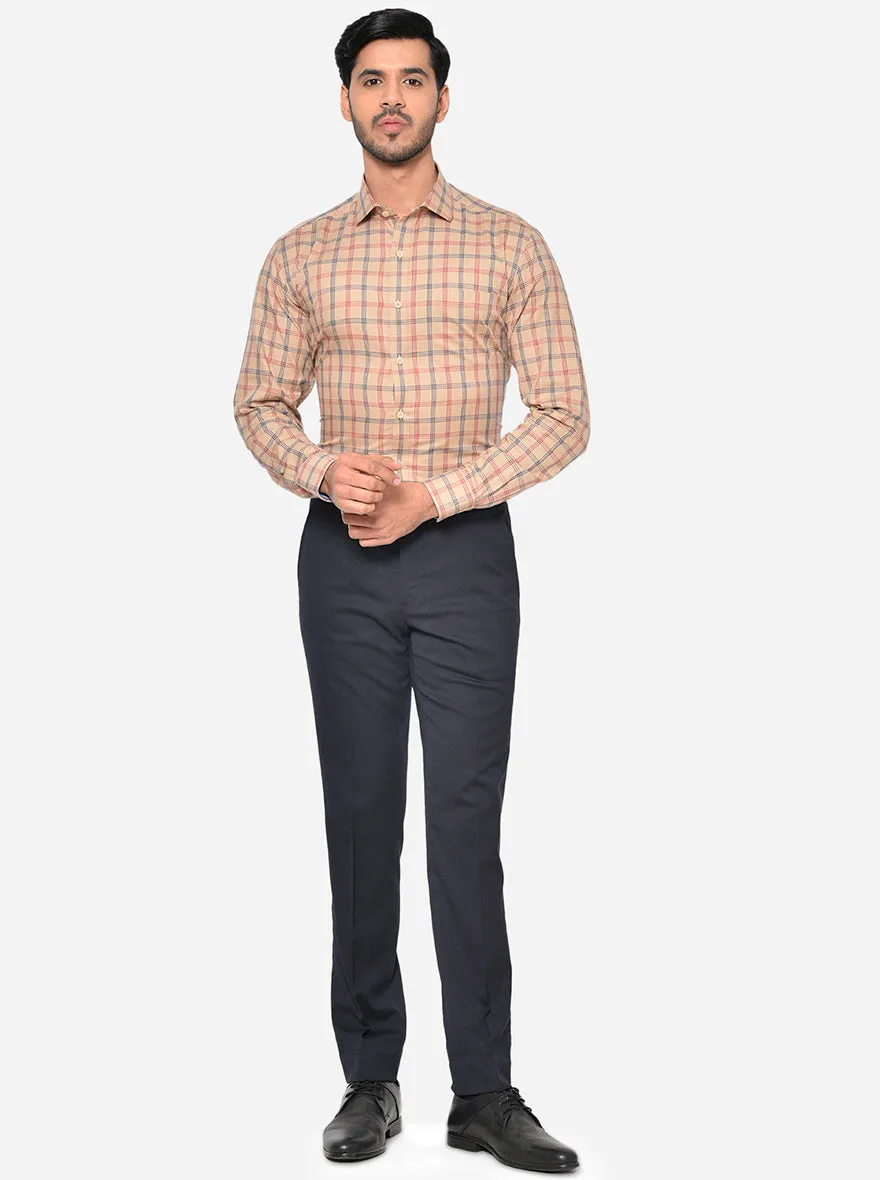 Beige & Red Checked Slim Fit Formal Shirt | JadeBlue