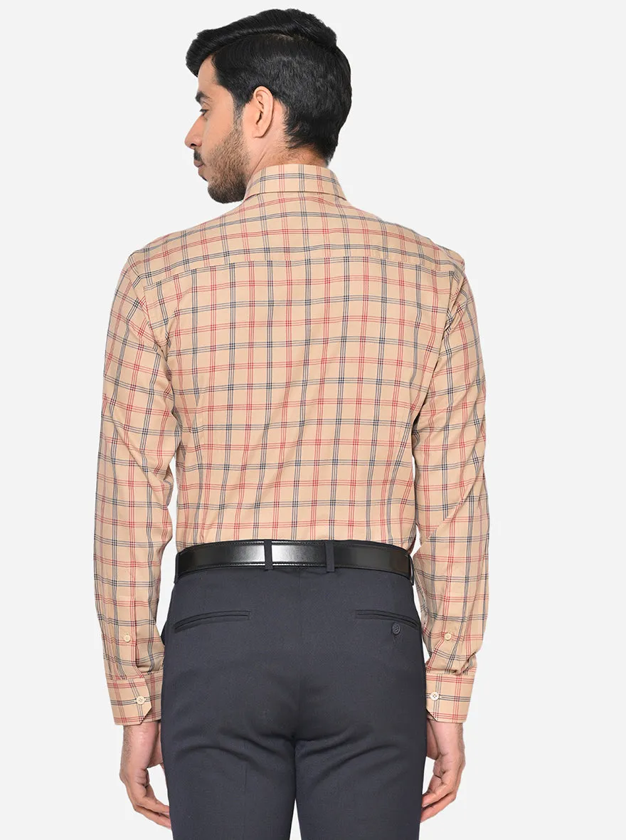 Beige & Red Checked Slim Fit Formal Shirt | JadeBlue