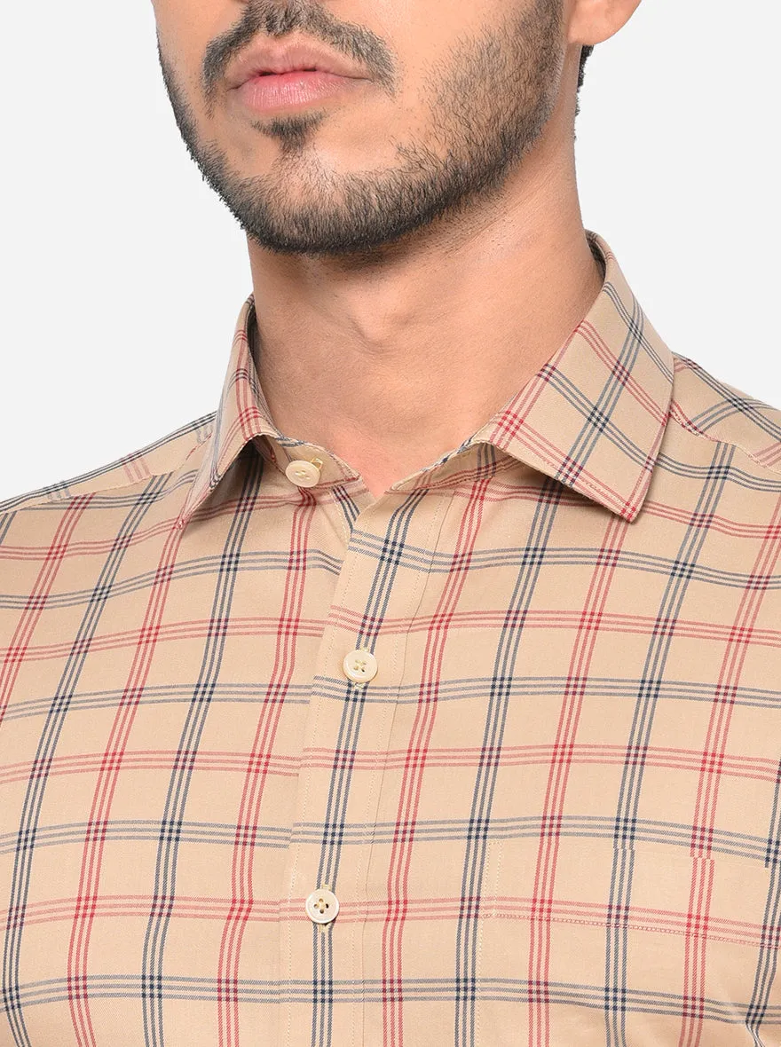 Beige & Red Checked Slim Fit Formal Shirt | JadeBlue