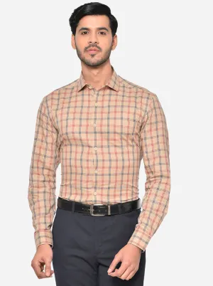 Beige & Red Checked Slim Fit Formal Shirt | JadeBlue