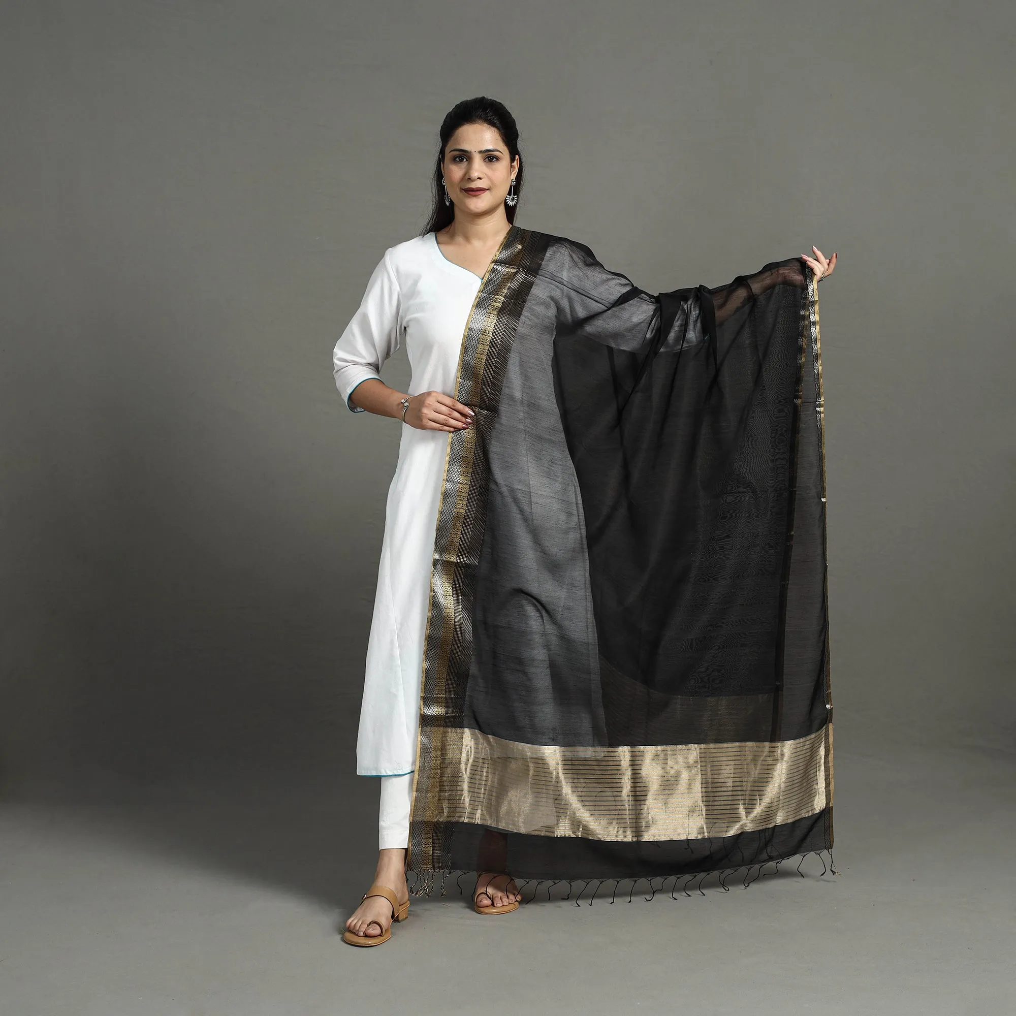 Black - Handloom Silk Cotton Zari Work Maheshwari Dupatta 33