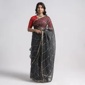 Black - Leheriya Tie-Dye Mothra Kota Doria Silk Saree