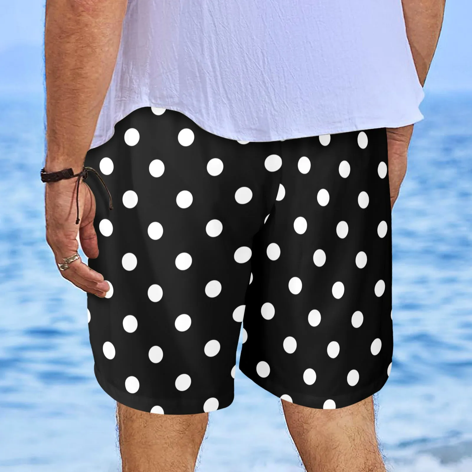 Black With White Polka Dots Men's Swim Trunks Swimsuit