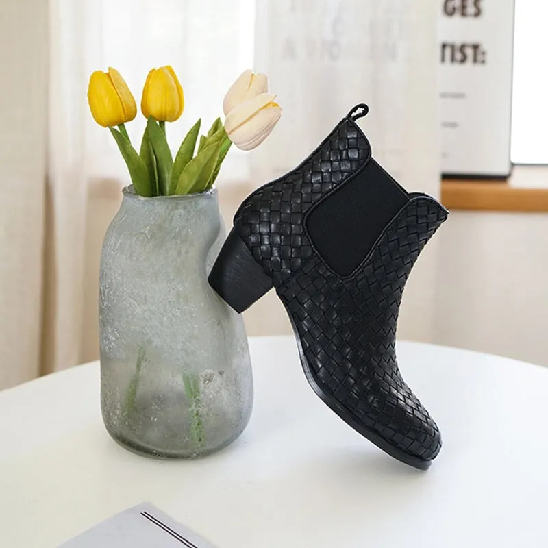 Block Heel Woven Leather Chelsea Boots in Black Double Elastic Band