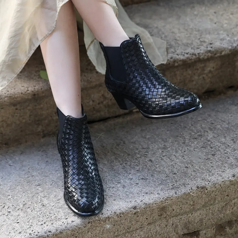 Block Heel Woven Leather Chelsea Boots in Black Double Elastic Band