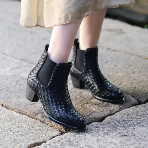 Block Heel Woven Leather Chelsea Boots in Black Double Elastic Band