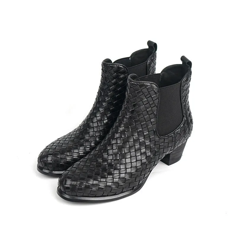 Block Heel Woven Leather Chelsea Boots in Black Double Elastic Band