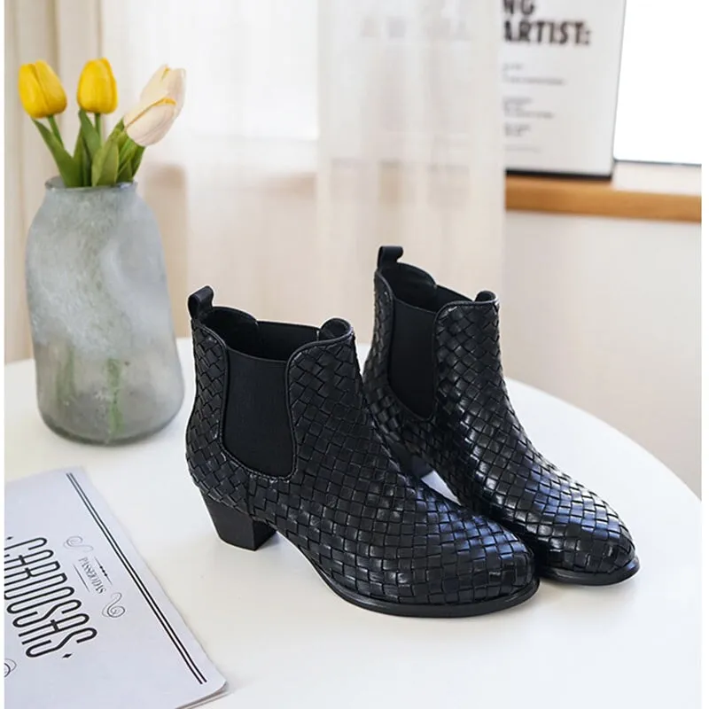 Block Heel Woven Leather Chelsea Boots in Black Double Elastic Band