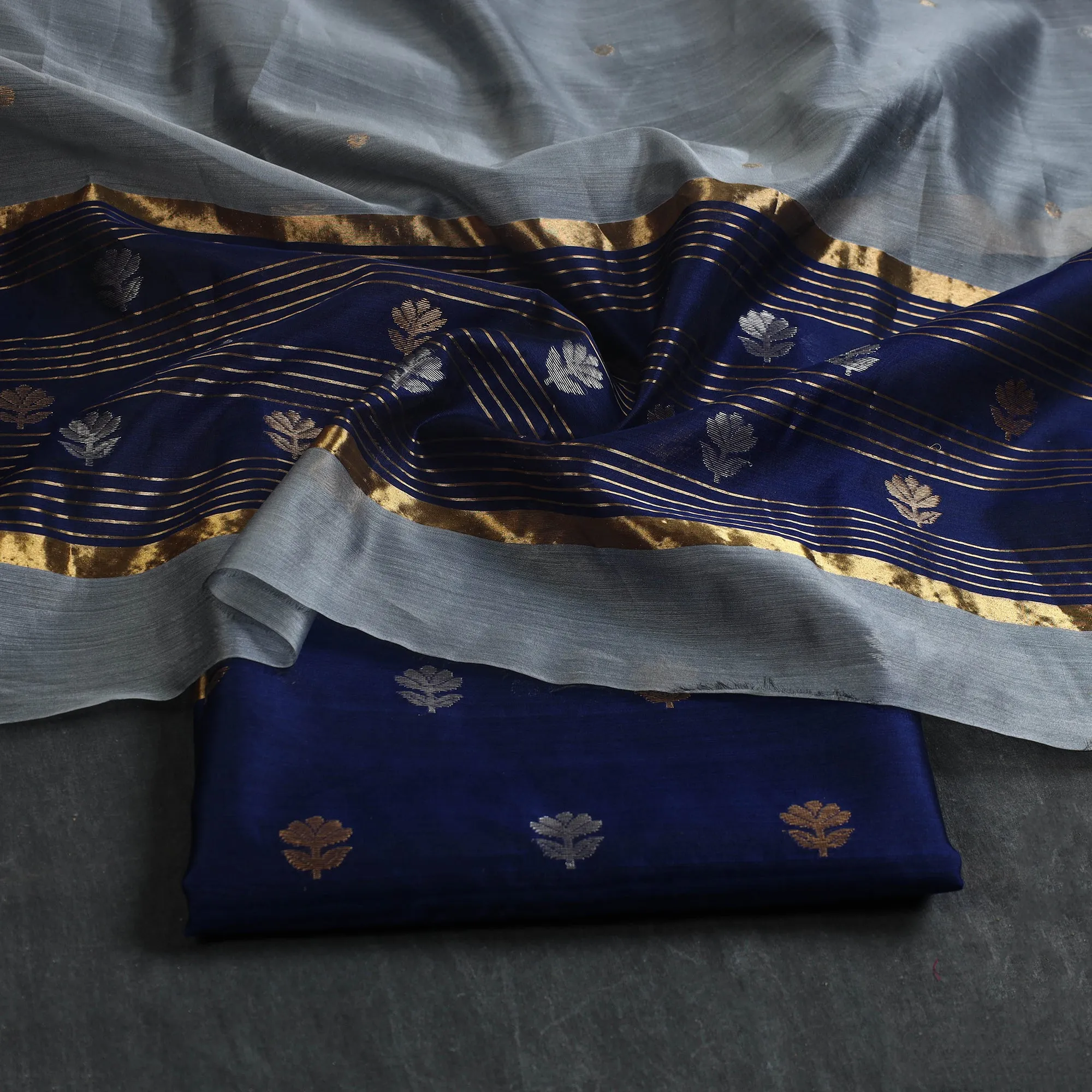 Blue - 2pc Zari Buti Handloom Chanderi Silk Dress Material 20