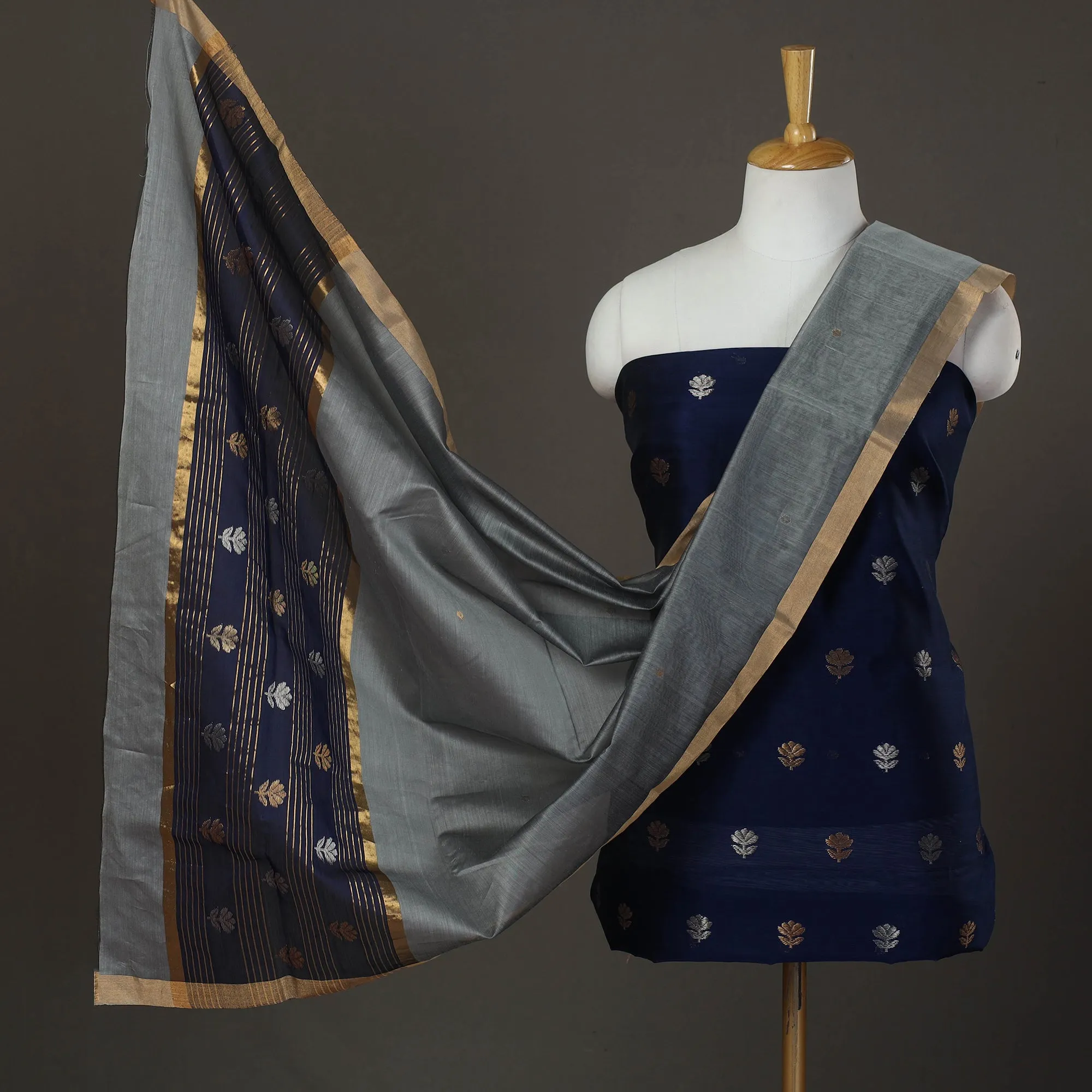 Blue - 2pc Zari Buti Handloom Chanderi Silk Dress Material 20