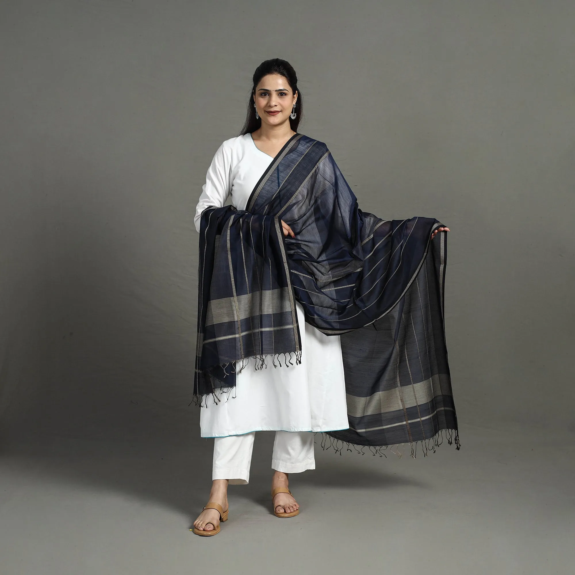 Blue - Handloom Silk Cotton Maheshwari Dupatta 15