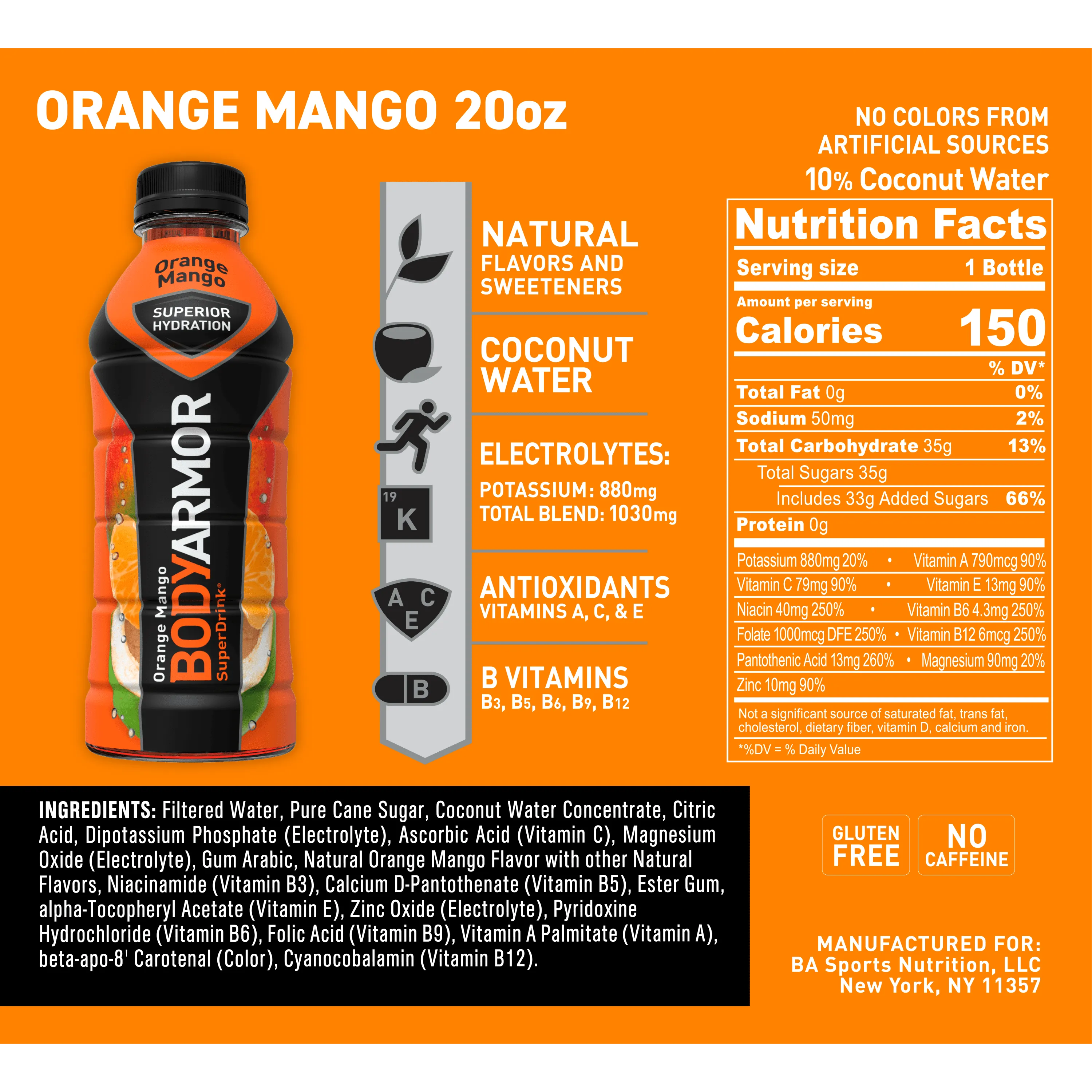 BODYARMOR Sports Drink Orange Mango, 20 fl oz, 6 Pack