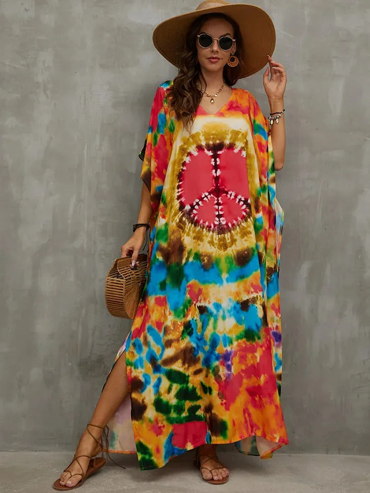 Bohemian Seaside Plus Size Print Kaftan Maxi Dress V Neck Slit Loose Robe Women, Summer Beachwear Swimsuit Cover-ups