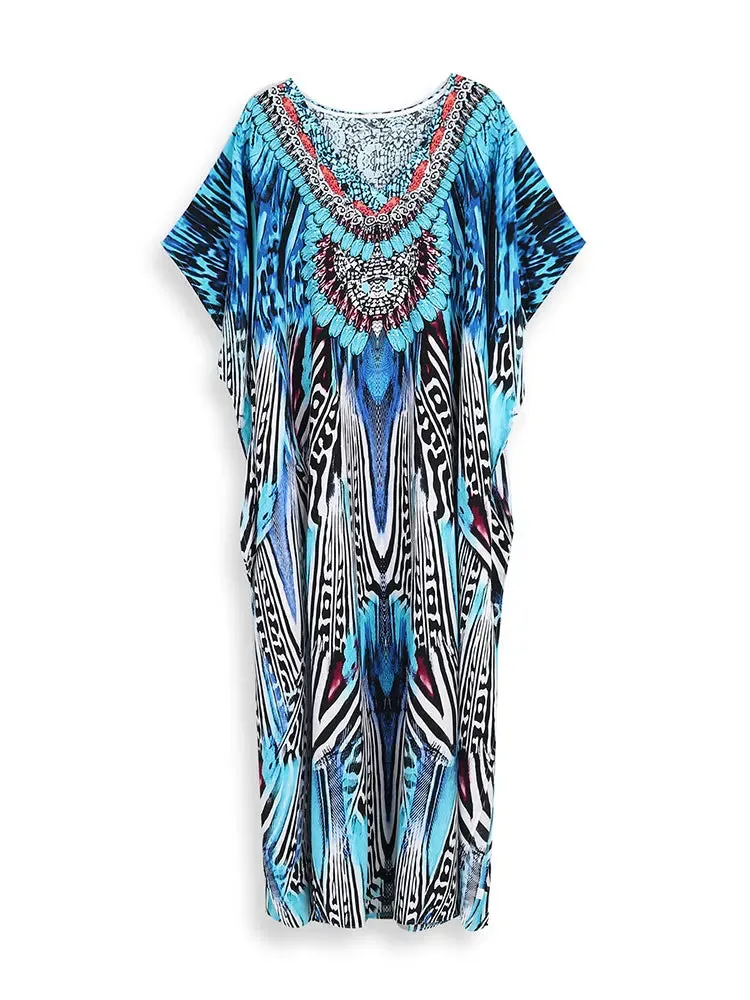 Bohemian Seaside Plus Size Print Kaftan Maxi Dress V Neck Slit Loose Robe Women, Summer Beachwear Swimsuit Cover-ups