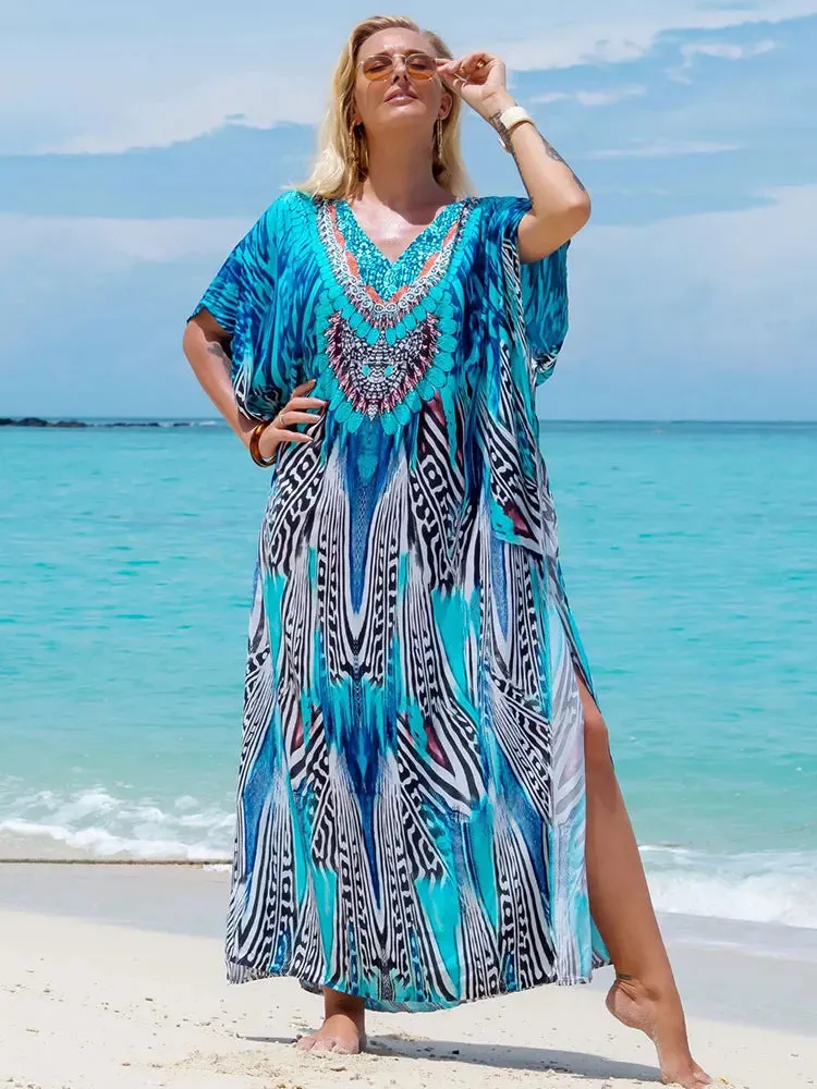 Bohemian Seaside Plus Size Print Kaftan Maxi Dress V Neck Slit Loose Robe Women, Summer Beachwear Swimsuit Cover-ups