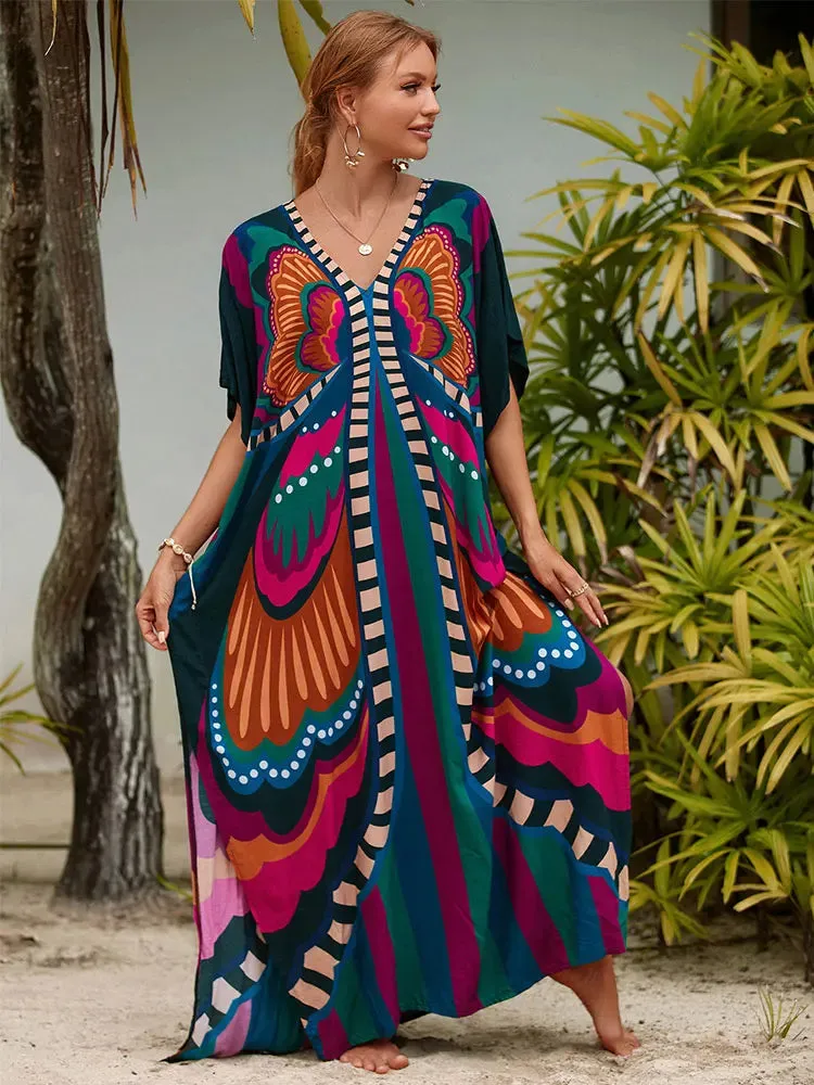 Bohemian Seaside Plus Size Print Kaftan Maxi Dress V Neck Slit Loose Robe Women, Summer Beachwear Swimsuit Cover-ups