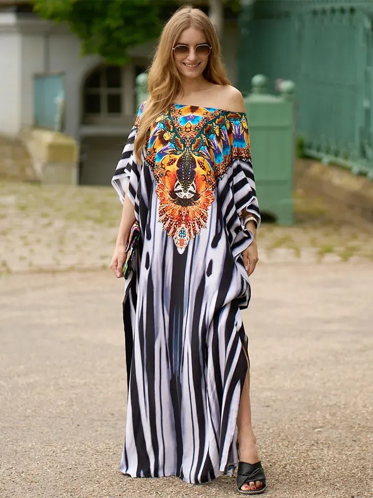 Bohemian Seaside Plus Size Print Kaftan Maxi Dress V Neck Slit Loose Robe Women, Summer Beachwear Swimsuit Cover-ups