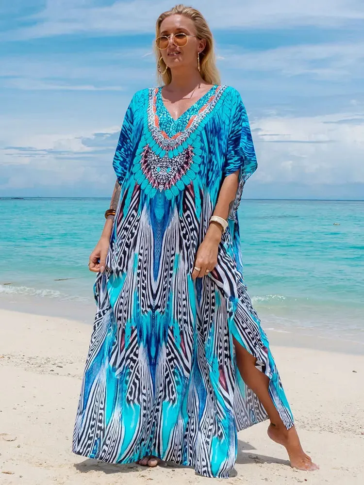 Bohemian Seaside Plus Size Print Kaftan Maxi Dress V Neck Slit Loose Robe Women, Summer Beachwear Swimsuit Cover-ups