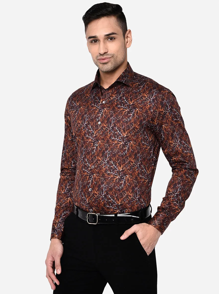 Brown & Orange Printed Slim Fit Party Wear Shirt | Wyre