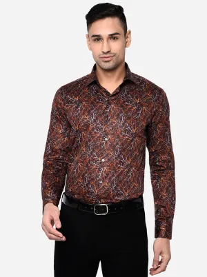 Brown & Orange Printed Slim Fit Party Wear Shirt | Wyre