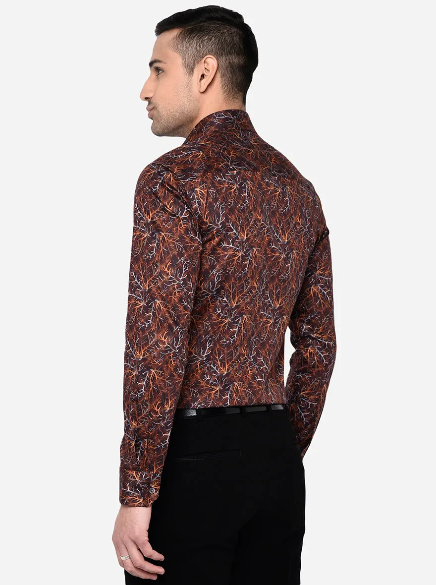 Brown & Orange Printed Slim Fit Party Wear Shirt | Wyre