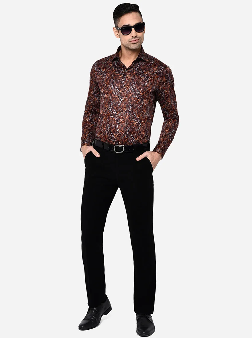 Brown & Orange Printed Slim Fit Party Wear Shirt | Wyre