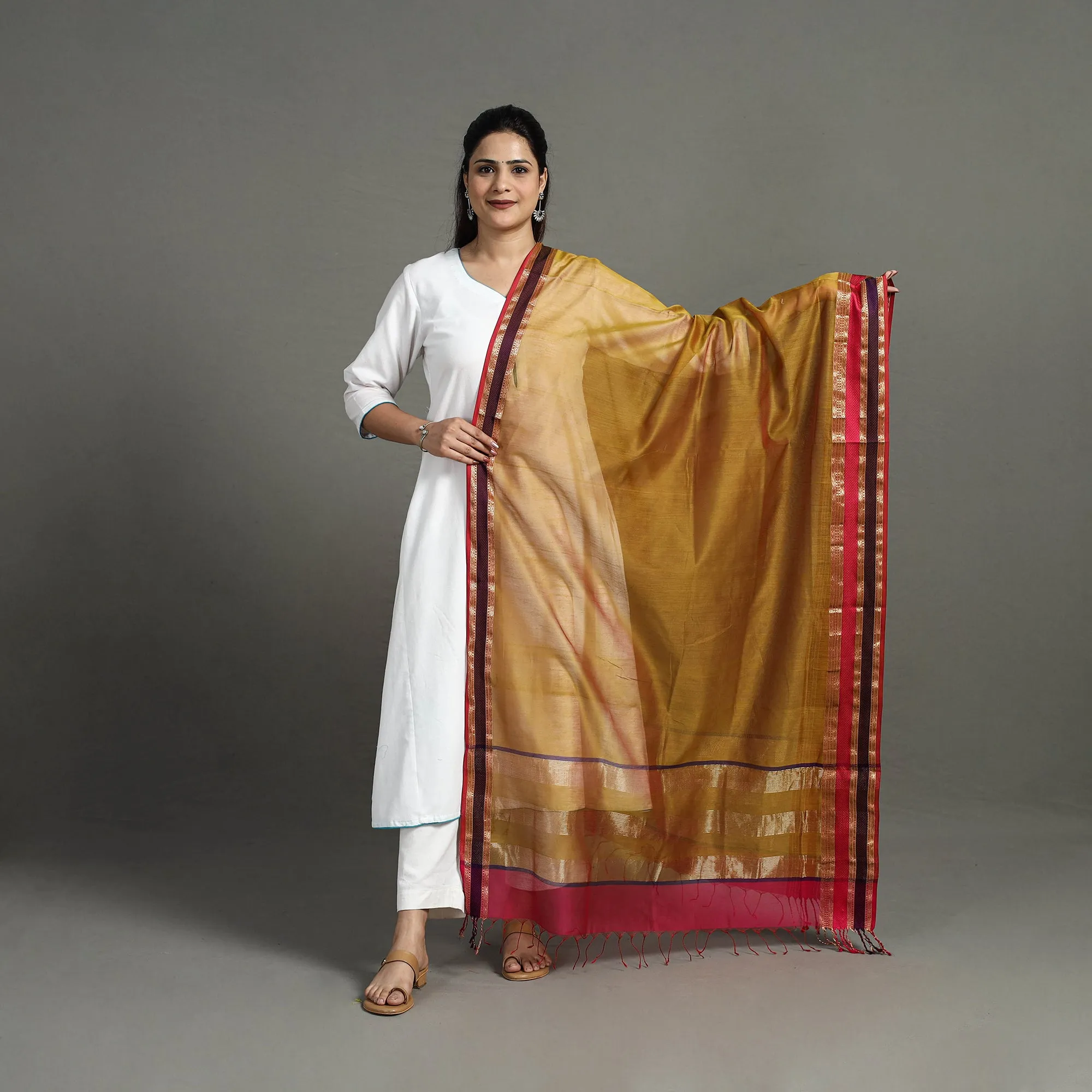 Brown - Handloom Silk Cotton Resham Border Maheshwari Dupatta 23