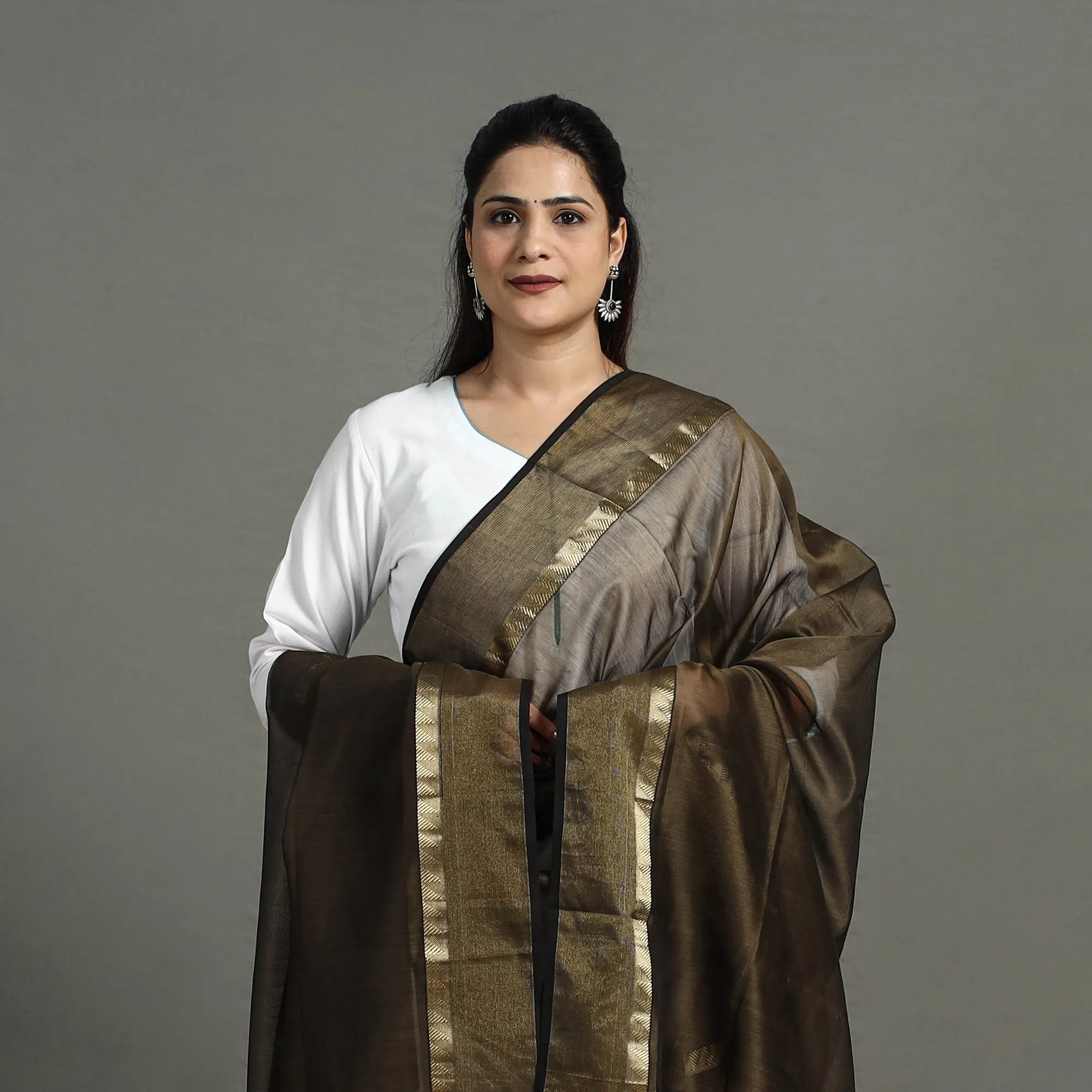 Brown - Handloom Silk Cotton Zari Work Stripe Maheshwari Dupatta 31