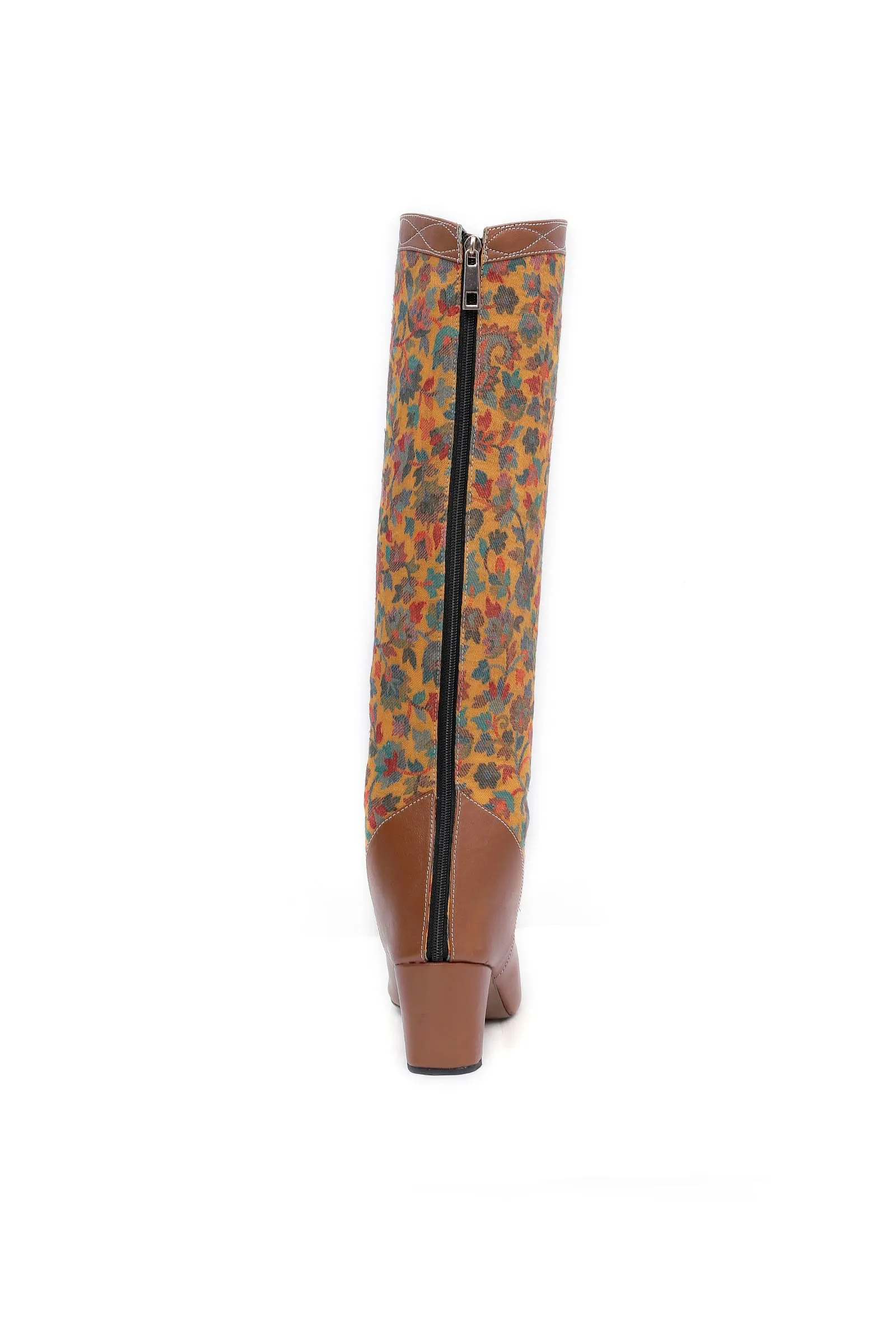 Brown Kani Embroidery Cruelty Free Leather Long  Boots