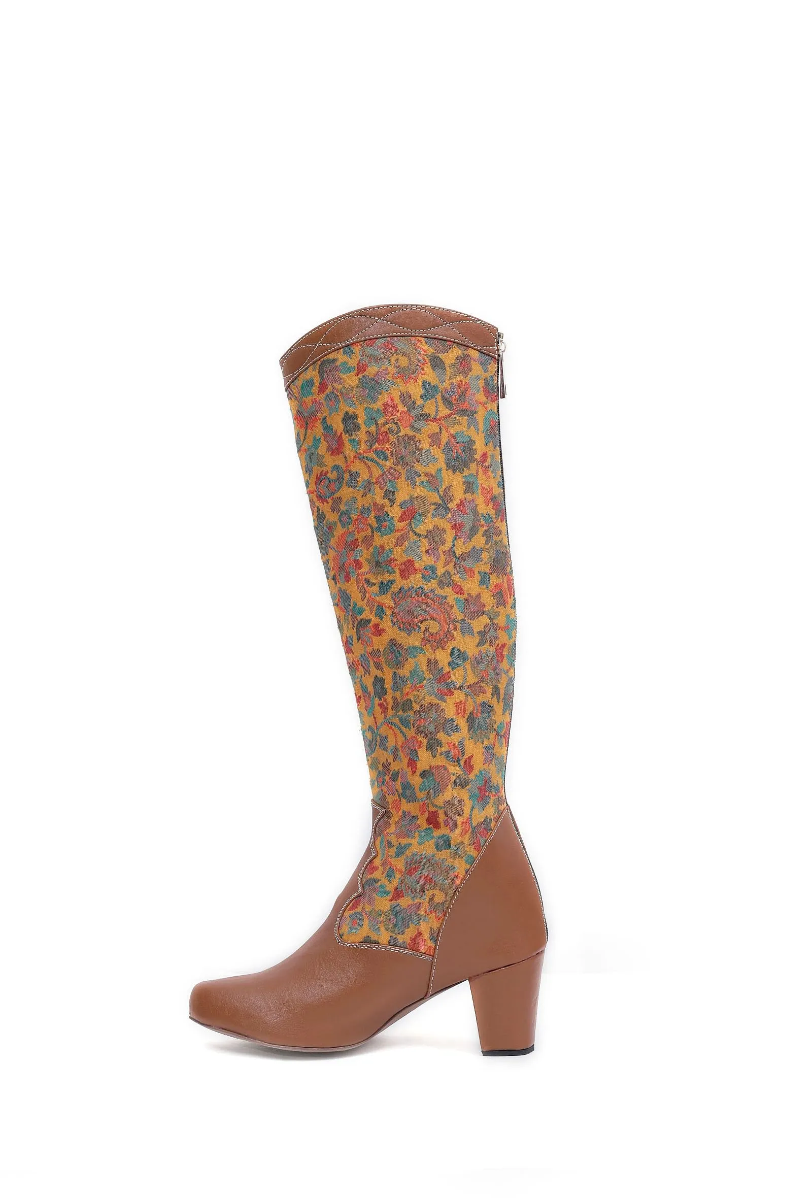 Brown Kani Embroidery Cruelty Free Leather Long  Boots