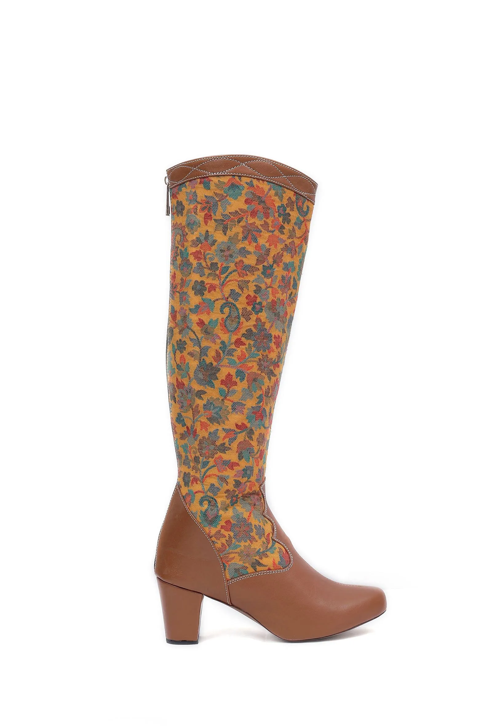 Brown Kani Embroidery Cruelty Free Leather Long  Boots