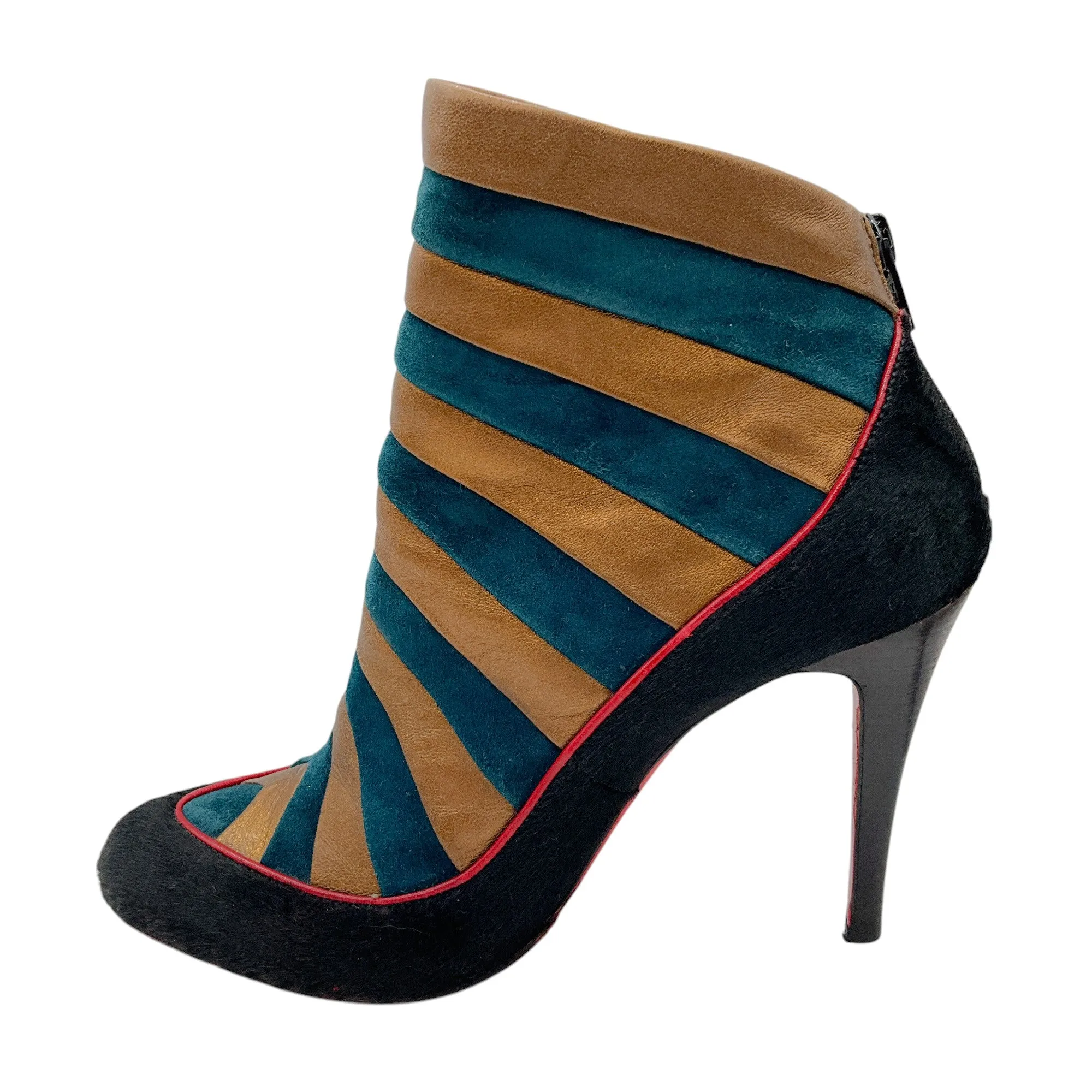 Christian Louboutin Black / Bronze Metallic / Teal Calf Hair, Suede, and Leather Ankle Boots