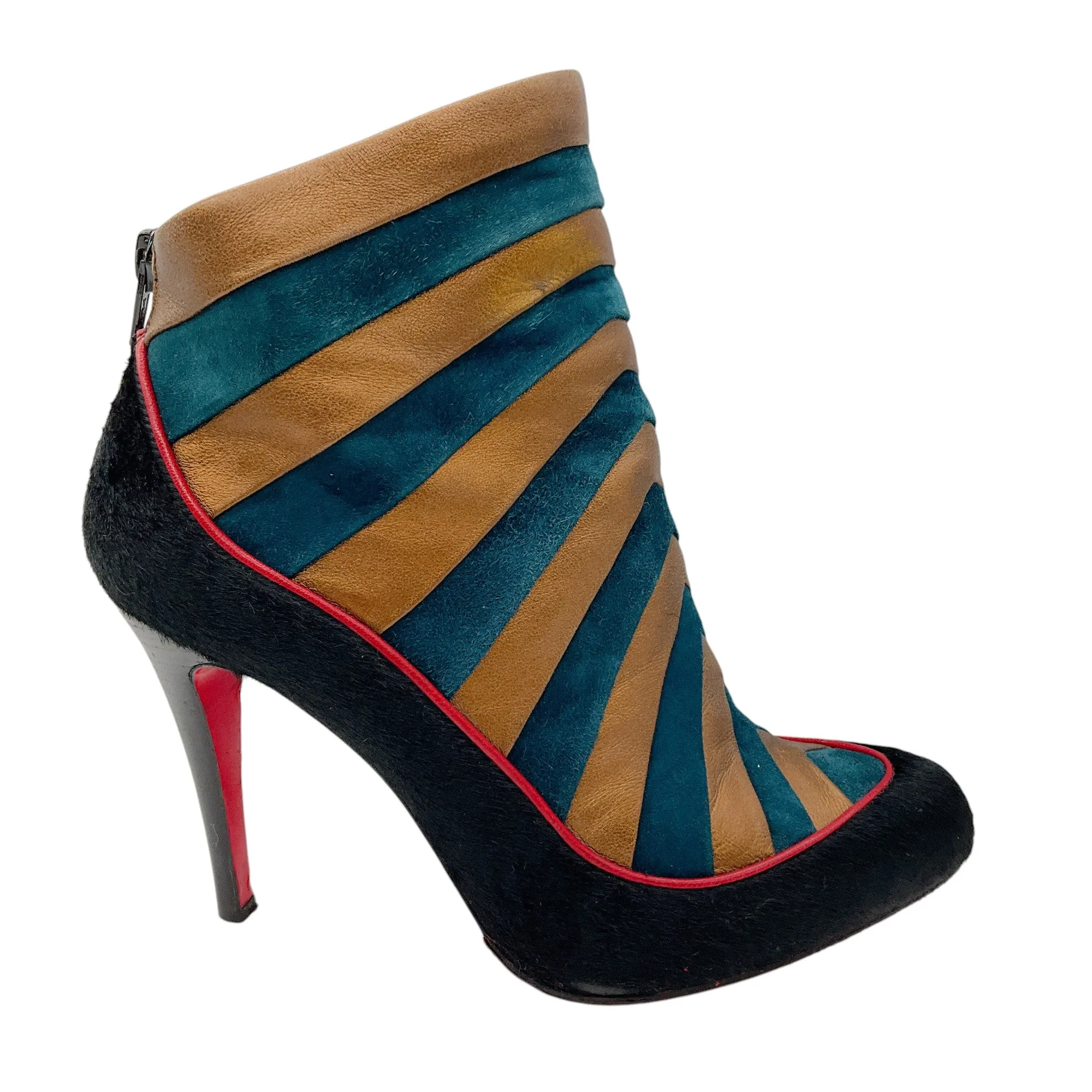 Christian Louboutin Black / Bronze Metallic / Teal Calf Hair, Suede, and Leather Ankle Boots