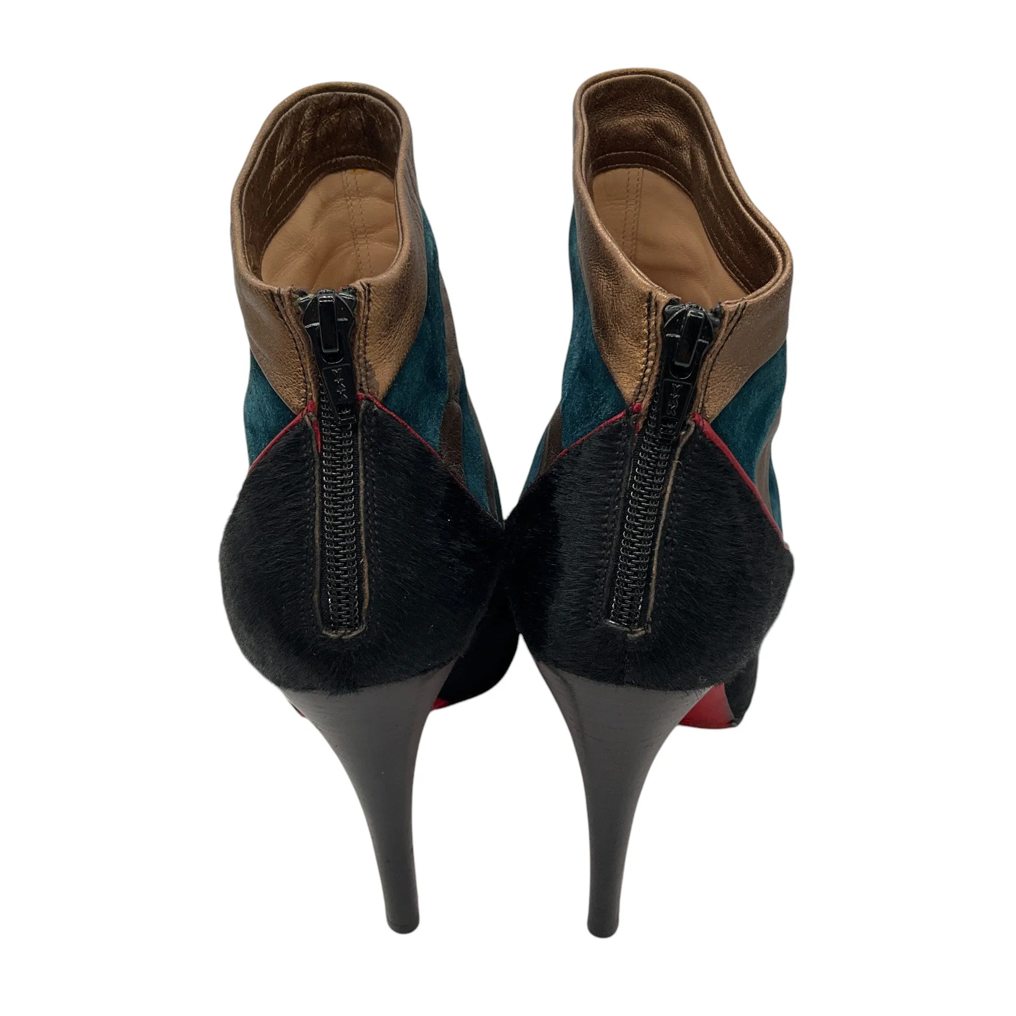 Christian Louboutin Black / Bronze Metallic / Teal Calf Hair, Suede, and Leather Ankle Boots