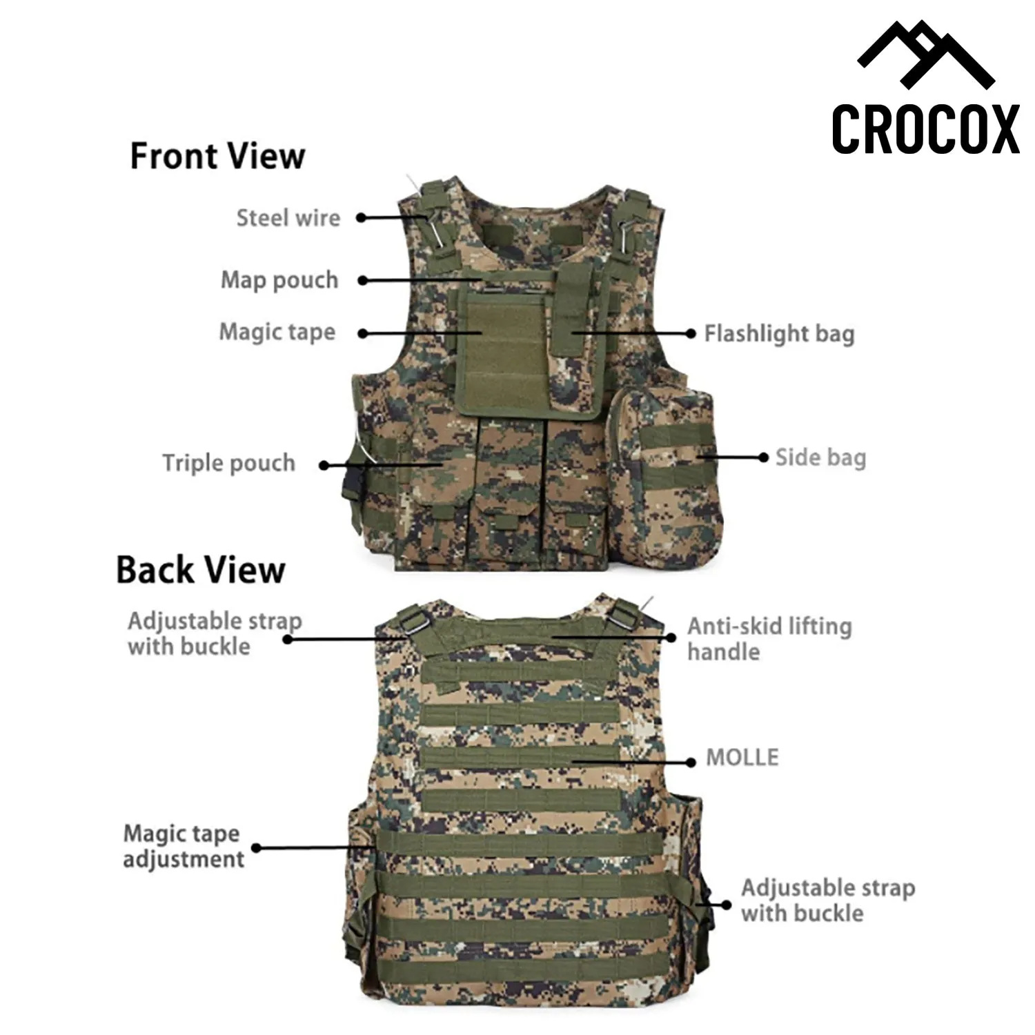 Crocox Tactical Military Vest Airsoft Molle Gear Outdoor Training Adjustable