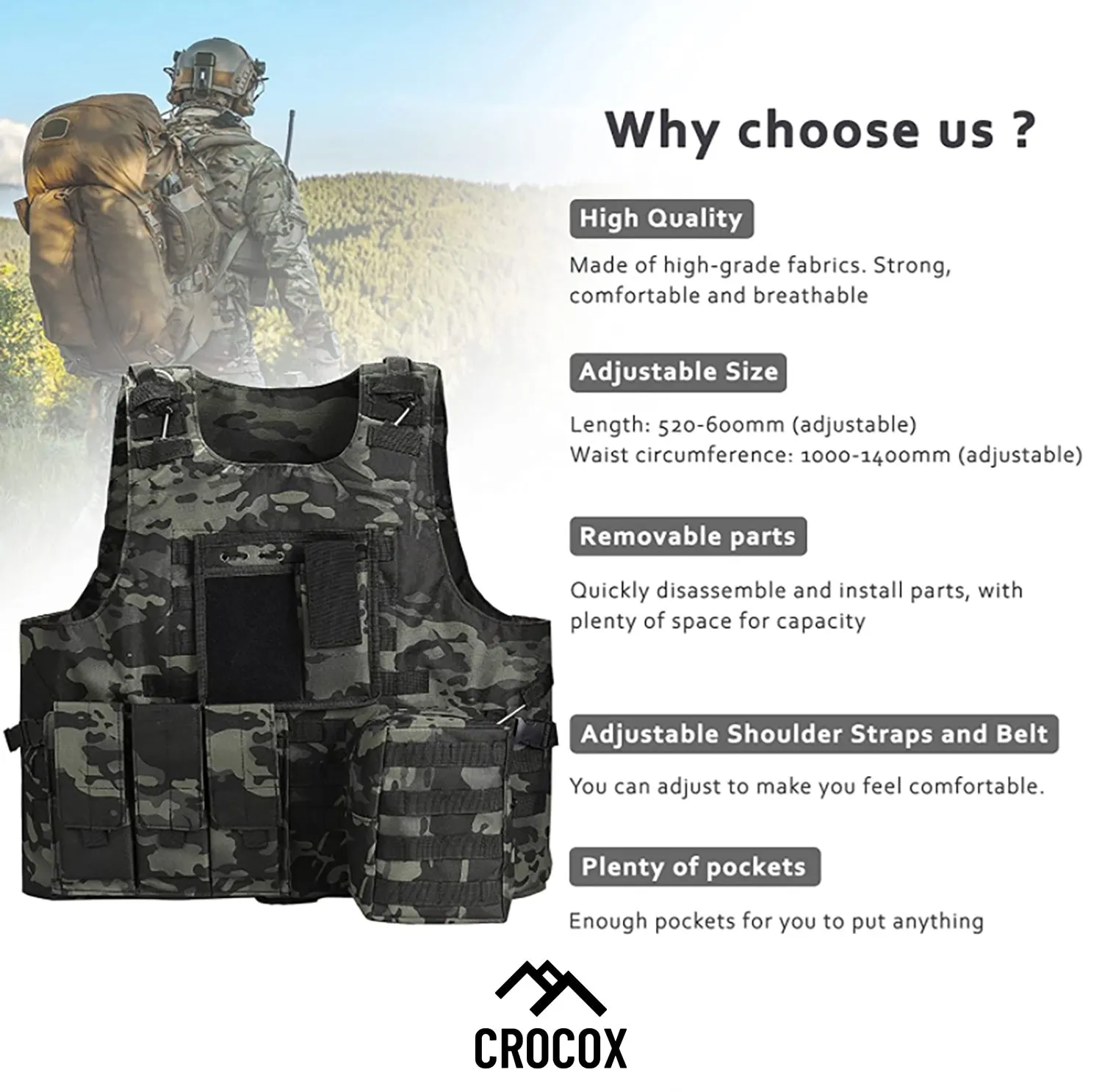 Crocox Tactical Military Vest Airsoft Molle Gear Outdoor Training Adjustable