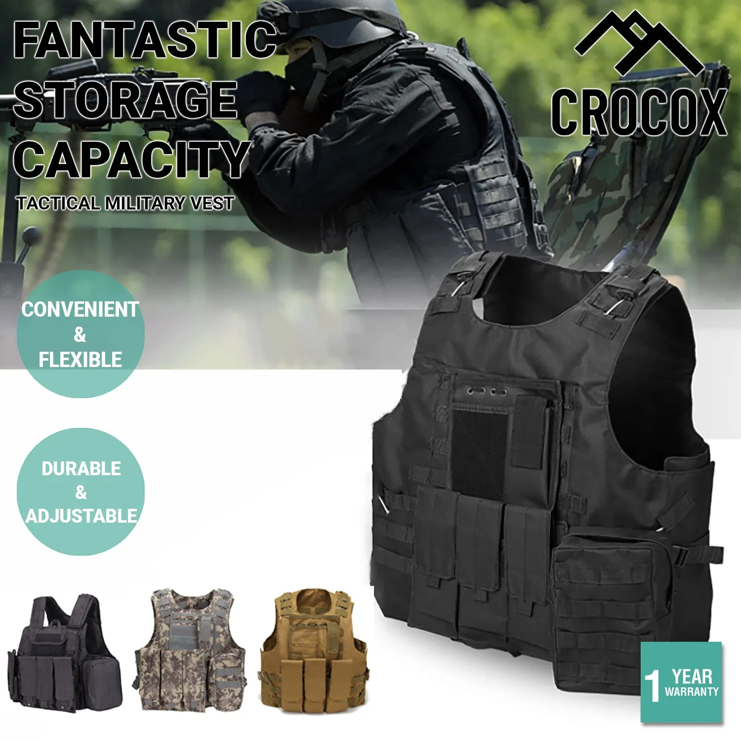 Crocox Tactical Military Vest Airsoft Molle Gear Outdoor Training Adjustable