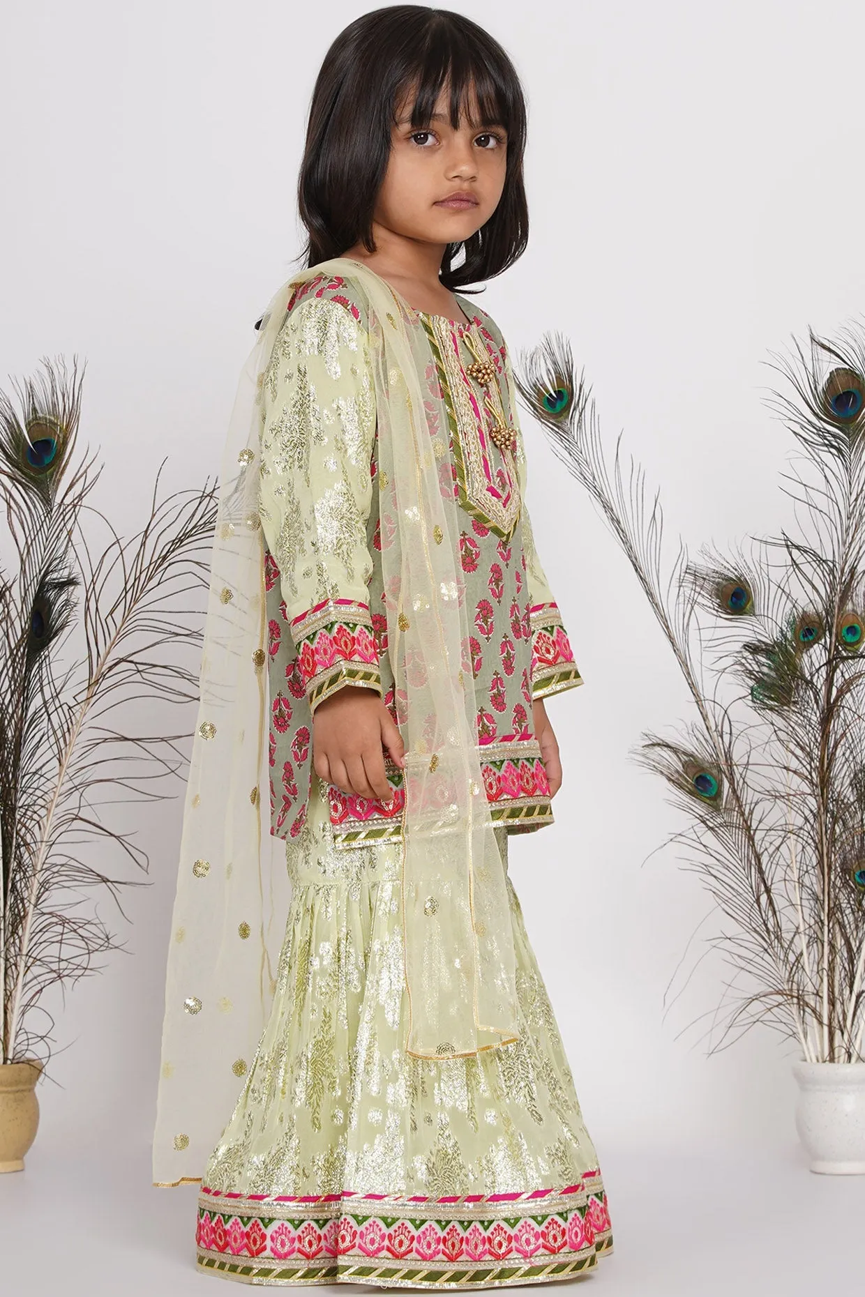 Girl's Banarsi Cotton Turkish Lacework Kurta With Foil Sharara And Dupatta - Green - Little Bansi Girls