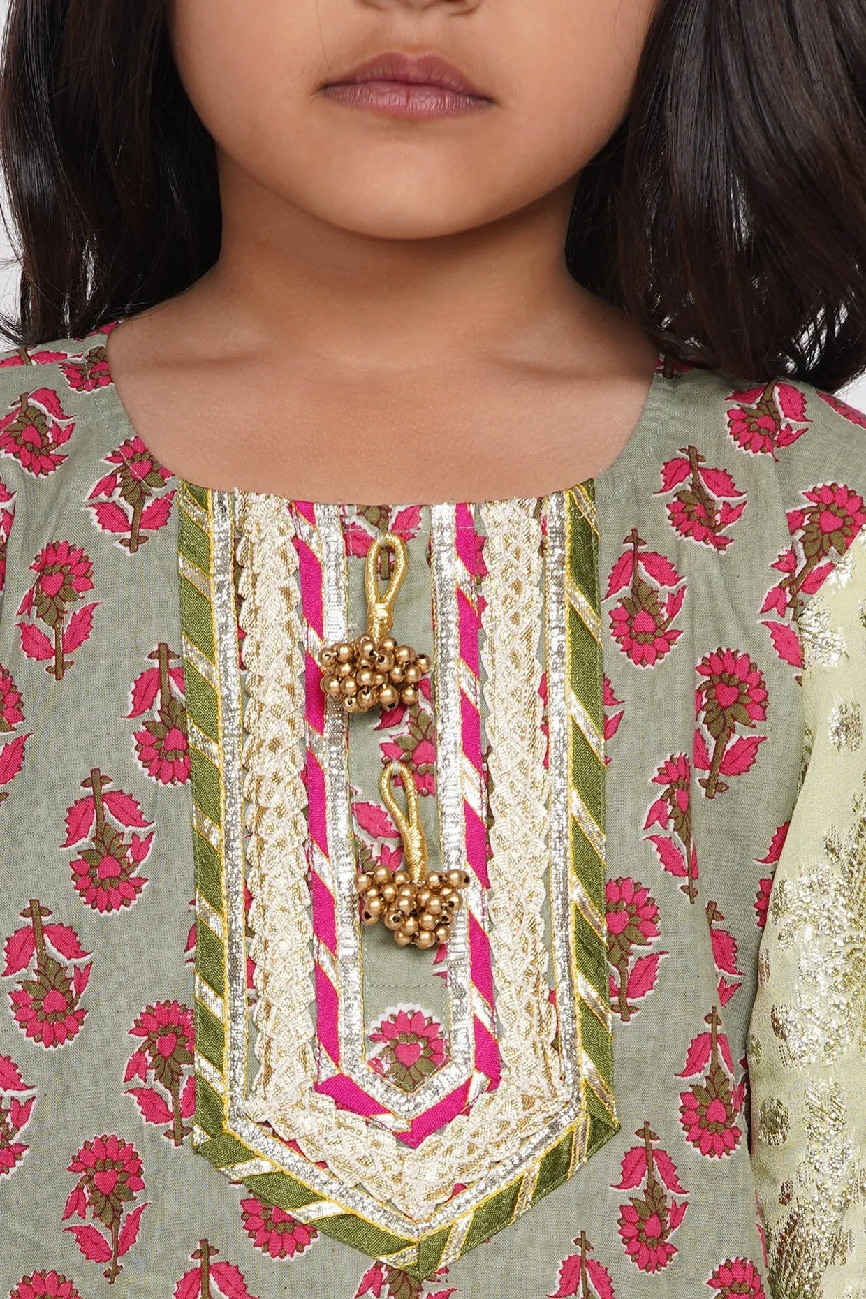 Girl's Banarsi Cotton Turkish Lacework Kurta With Foil Sharara And Dupatta - Green - Little Bansi Girls