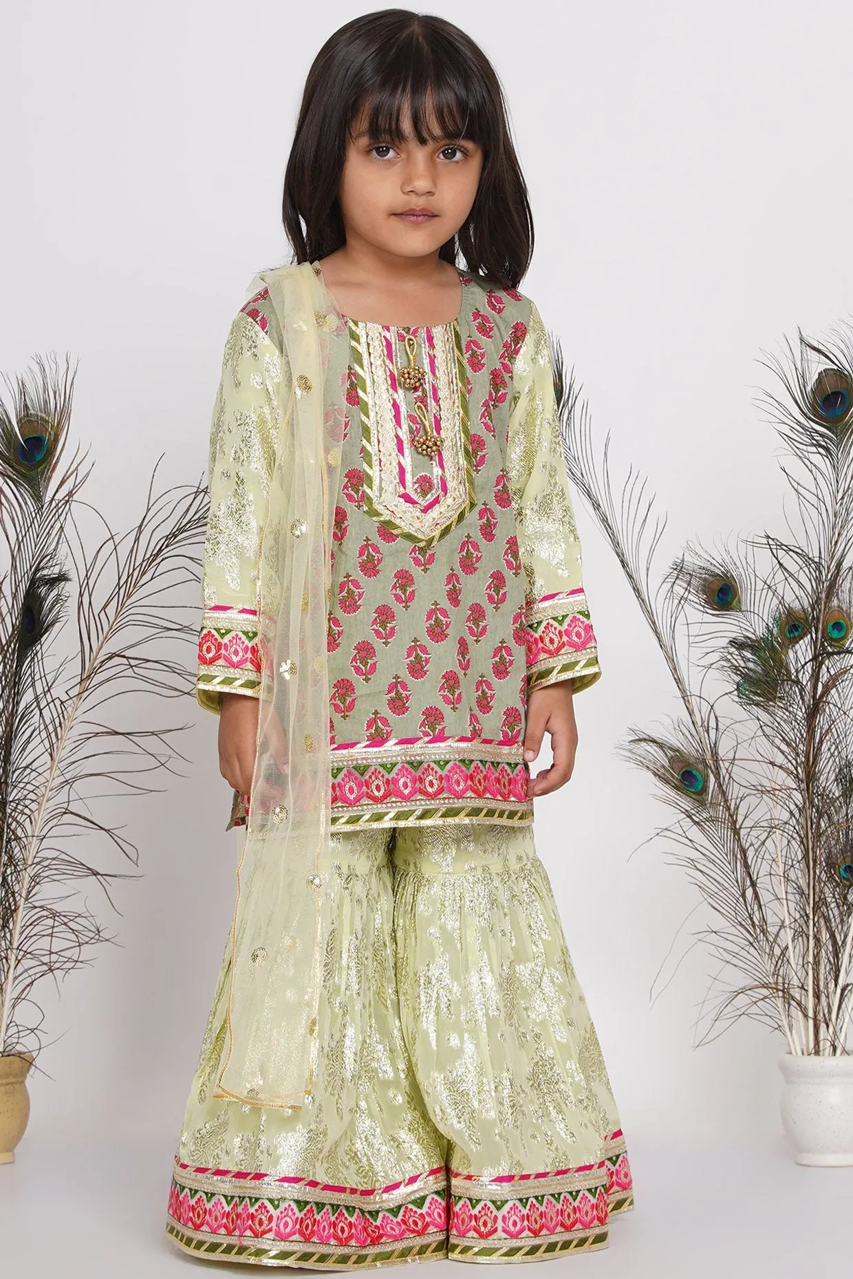 Girl's Banarsi Cotton Turkish Lacework Kurta With Foil Sharara And Dupatta - Green - Little Bansi Girls