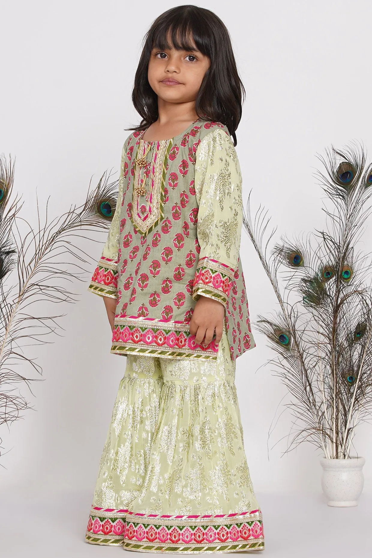 Girl's Banarsi Cotton Turkish Lacework Kurta With Foil Sharara And Dupatta - Green - Little Bansi Girls