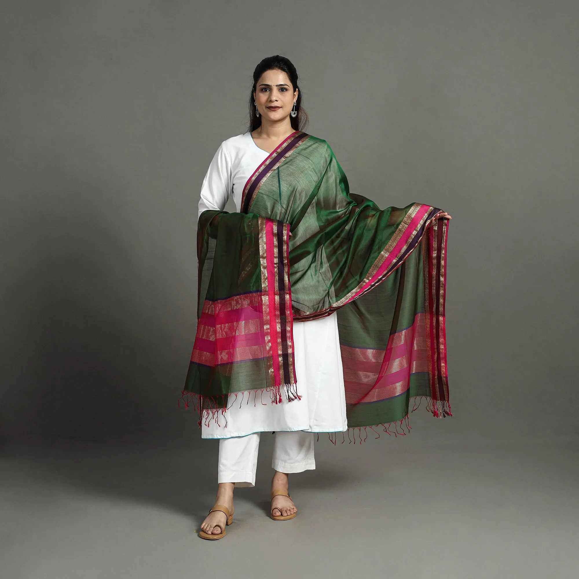 Green - Handloom Silk Cotton Resham Border Maheshwari Dupatta 22