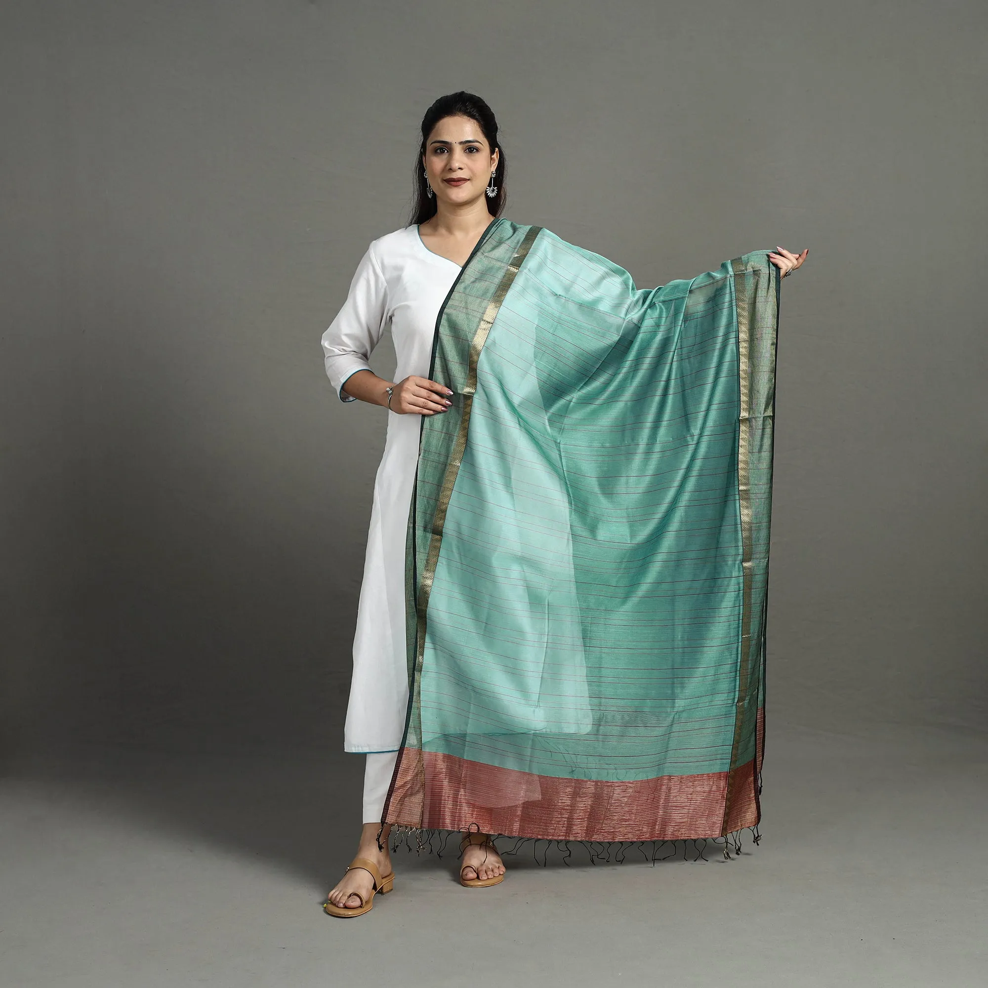 Green - Handloom Silk Cotton Zari Work Stripe Maheshwari Dupatta 30