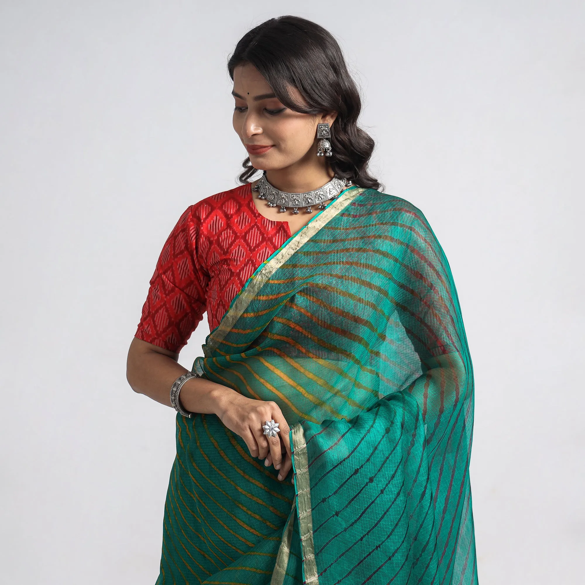 Green - Leheriya Tie-Dye Kota Doria Silk Saree