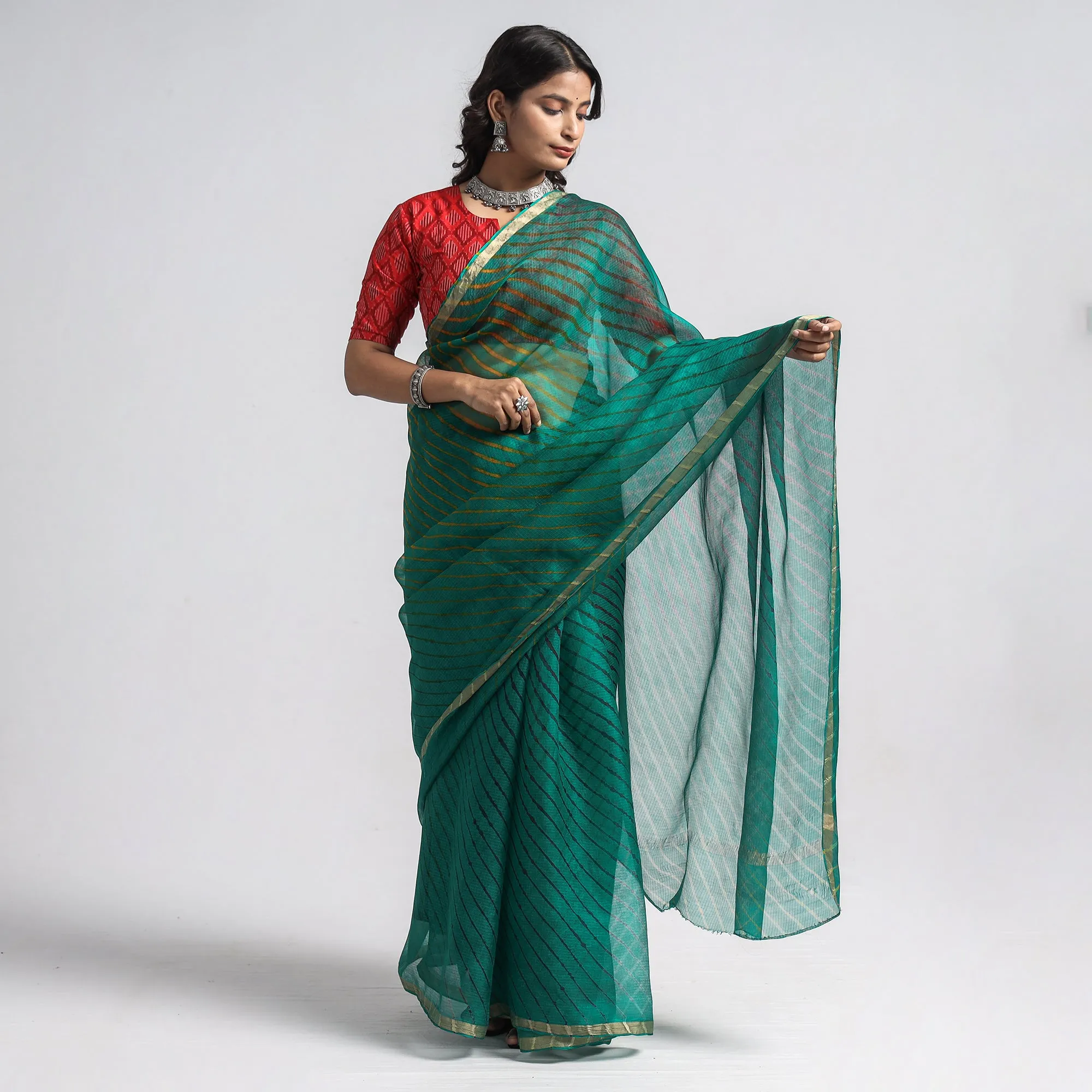 Green - Leheriya Tie-Dye Kota Doria Silk Saree